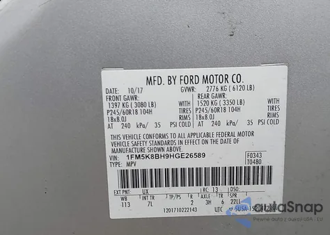 2017 Ford Explorer из США, поврежденный, VIN 1FM5K8BH9HGE26589